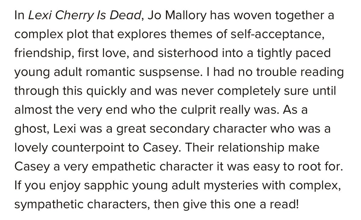 jomalloryauthor's tweet photo. Got my first review on Goodreads! If you have an account, please add Lexi Cherry is Dead to your ‘WANT TO READ’ list and check out the full review.

There’s also still time to pre-order! Lexi Cherry is available on Amazon now. https://t.co/WkNwEAIdlC