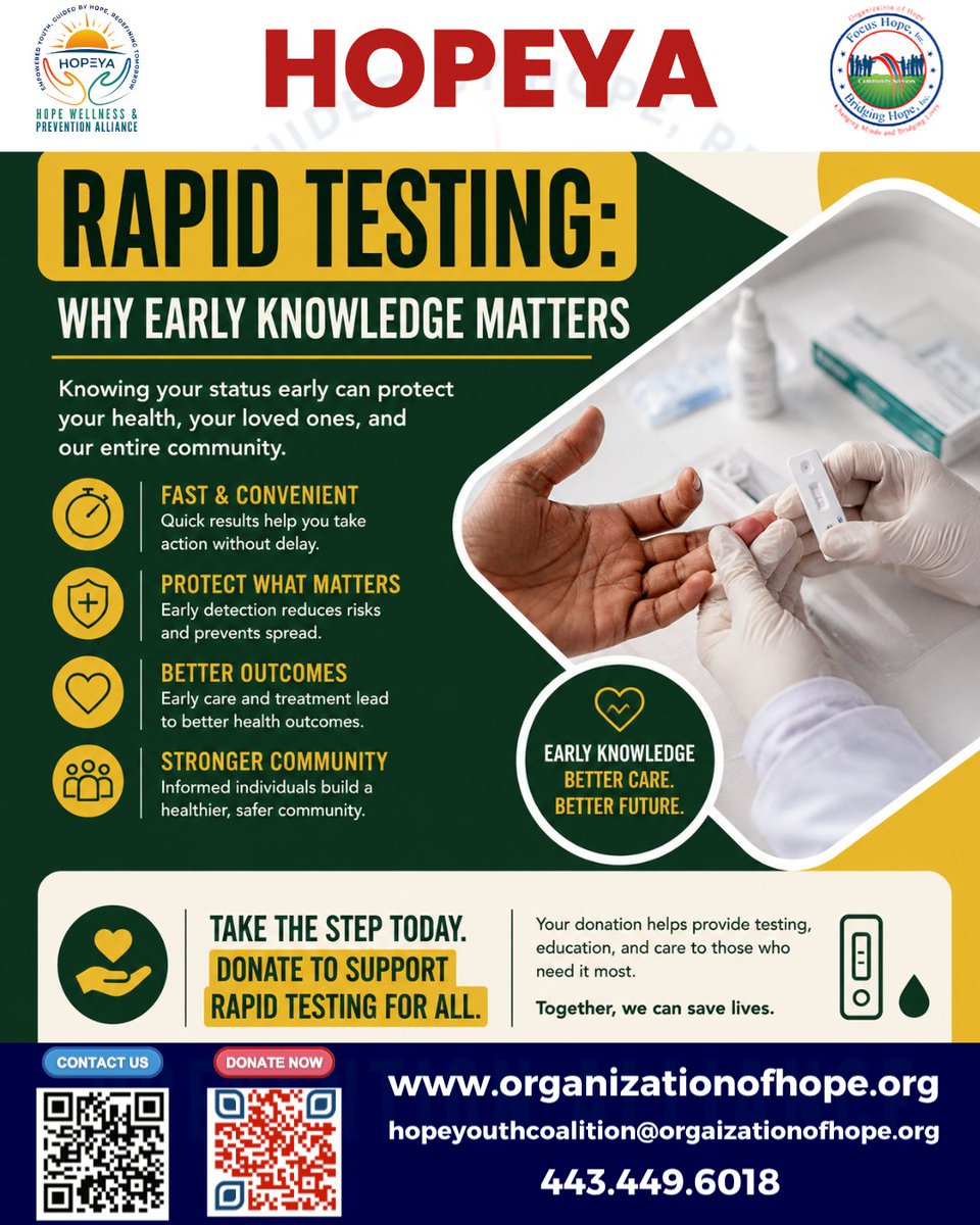 orgofhope's tweet photo. "Access matters. Point-of-care rapid testing provides communities with convenient access to important health information and helps individuals connect with appropriate resources and support.
#HOPEYA #OrganizationOfHope #PointOfCare #RapidTesting #PublicHealth" https://t.co/wzYQPXCoaz