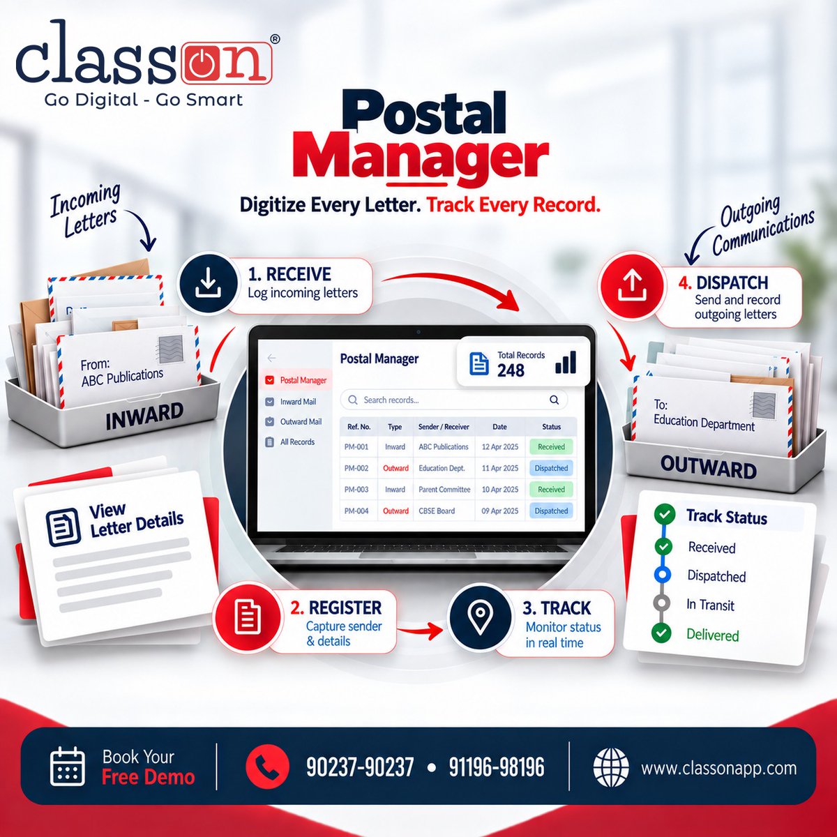 classonapp's tweet photo. Still managing school letters on paper registers? 
Class ON's School ERP Software brings Postal Manager - digitize every inward &amp; outward letter, track status in real time, and never lose a record again. 
📞 90237-90237
🌐 https://t.co/ccojI3fegM
#SchoolERP #SchoolManagement https://t.co/tDjLSKlUXF
