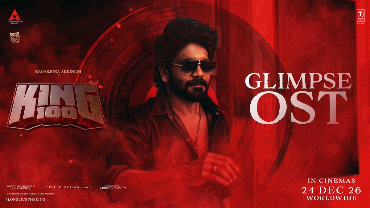 AnnapurnaStdios's tweet photo. Sing along to the swag filled theme 💥💥

#KING100 OST lyrical video is out now!
▶️https://t.co/hkgcdvoRXW

A Rockstar @ThisIsDSP Musical 🎼
Sung by @deepakmuziblue
Lyrics by #VSHN

ICYM the #KING100 Glimpse
▶️https://t.co/6hqZmcrXoE

𝐈𝐍 𝐂𝐈𝐍𝐄𝐌𝐀𝐒 𝐃𝐄𝐂𝐄𝐌𝐁𝐄𝐑 𝟐𝟒𝐭𝐡, 𝟐𝟎𝟐𝟔.

#KING100
King @iamnagarjuna @Rakarthik_dir @ThisIsDSP @rajamahadhevan @NavinNooli @ArtSathees 
@CVRao74 @lemonsprasad 
#SupriyaYarlagadda @TSeriesSouth @AnnapurnaStdios