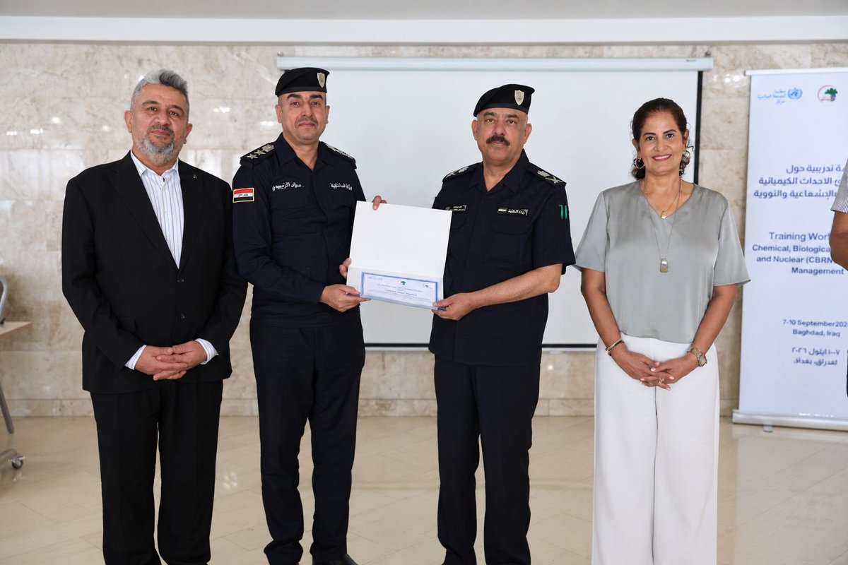 WHOIraq's tweet photo. اختُتمت الورشة التدريبية الخاصة بإدارة طوارئ الأحداث الكيميائية وال��يولوجية والإشعاعية والنووية (CBRN)، التي نُظمت بالتنسيق بين مديرية الدفاع المدني ومديرية العمليات والخدمات الطبية الطارئة، وبدعم من منظمة الصحة العالمية في العراق.

هدفت الورشة إلى تعزيز التنسيق والتكامل بين الملاكات الطبية وفرق الدفاع المدني، ورفع مستوى الجاهزية والاستجابة المشتركة لمثل هذه الطوارئ، بما يسهم في حماية الأرواح وتقديم خدمات إنسانية ووقائية فعّالة.

وأكد المشاركون أهمية مواصلة البرامج التدريبية والتمارين الميدانية المشتركة لتعزيز القدرات الوطنية والاستعداد لمواجهة حالات الطوارئ الكيميائية والبيولوجية والإشعاعية والنووية.

The training workshop on Chemical, Biological, Radiological and Nuclear (CBRN) emergency management concluded successfully. The workshop was organized in coordination between the Civil Defence Directorate and the Directorate of Operations and Emergency Medical Services, with support from the World Health Organization in Iraq.

The workshop aimed to strengthen coordination and integration between medical personnel and civil defence teams and enhance joint preparedness and response to such emergencies, contributing to the protection of lives and the delivery of effective humanitarian and preventive services.

Participants emphasized the importance of continuing joint training programmes and field exercises to strengthen national capacities and preparedness for chemical, biological, radiological and nuclear emergencies.

#WHOIraq #CBRN #EmergencyPreparedness #CivilDefence #Iraq