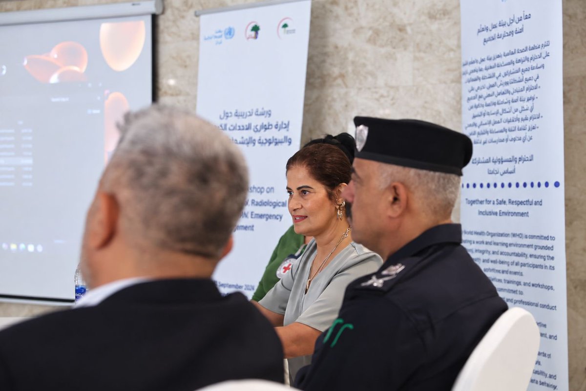 WHOIraq's tweet photo. اختُتمت الورشة التدريبية الخاصة بإدارة طوارئ الأحداث الكيميائية وال��يولوجية والإشعاعية والنووية (CBRN)، التي نُظمت بالتنسيق بين مديرية الدفاع المدني ومديرية العمليات والخدمات الطبية الطارئة، وبدعم من منظمة الصحة العالمية في العراق.

هدفت الورشة إلى تعزيز التنسيق والتكامل بين الملاكات الطبية وفرق الدفاع المدني، ورفع مستوى الجاهزية والاستجابة المشتركة لمثل هذه الطوارئ، بما يسهم في حماية الأرواح وتقديم خدمات إنسانية ووقائية فعّالة.

وأكد المشاركون أهمية مواصلة البرامج التدريبية والتمارين الميدانية المشتركة لتعزيز القدرات الوطنية والاستعداد لمواجهة حالات الطوارئ الكيميائية والبيولوجية والإشعاعية والنووية.

The training workshop on Chemical, Biological, Radiological and Nuclear (CBRN) emergency management concluded successfully. The workshop was organized in coordination between the Civil Defence Directorate and the Directorate of Operations and Emergency Medical Services, with support from the World Health Organization in Iraq.

The workshop aimed to strengthen coordination and integration between medical personnel and civil defence teams and enhance joint preparedness and response to such emergencies, contributing to the protection of lives and the delivery of effective humanitarian and preventive services.

Participants emphasized the importance of continuing joint training programmes and field exercises to strengthen national capacities and preparedness for chemical, biological, radiological and nuclear emergencies.

#WHOIraq #CBRN #EmergencyPreparedness #CivilDefence #Iraq