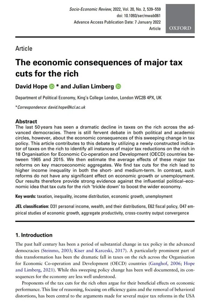 davidlois_uned's tweet photo. "Rebajar impuestos a los ricos conduce a una mayor desigualdad tanto en el corto como en el medio plazo, sin ningún efecto en el crecimiento económico o el desempleo" https://t.co/k9r7RBeEwZ