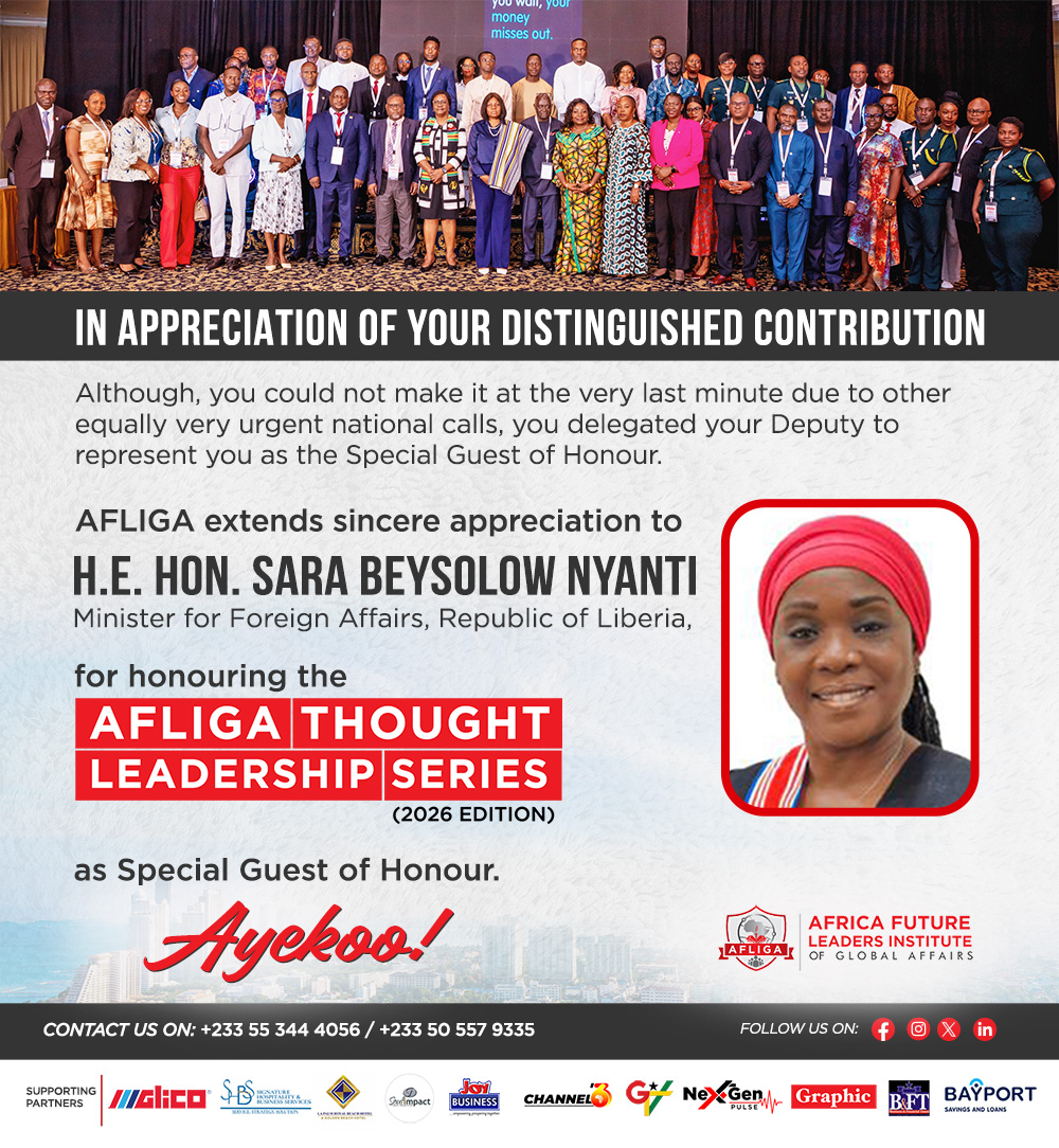 AFLIGA11's tweet photo. AFLIGA extends sincere appreciation to H.E. Hon. Sara Beysolow Nyanti, Minister for Foreign Affairs of the Republic of Liberia, for honouring the 2026 AFLIGA Thought Leadership Series as Special Guest of Honour.

Thank you, Your Excellency, for your support. 
Ayekoo! https://t.co/sDfoegMZz0