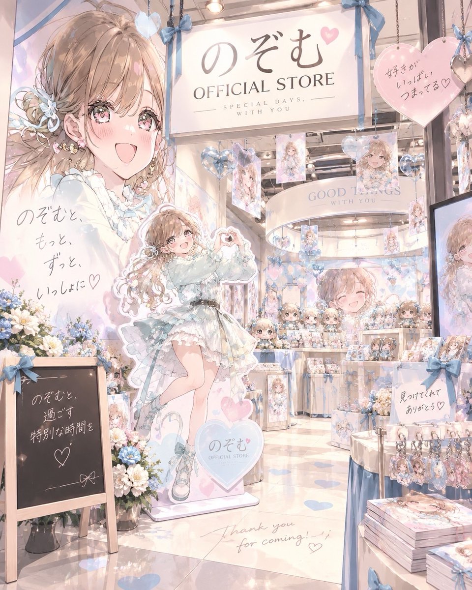 ArtistaNozomu's tweet photo. 🔸ChatGPT image2プロンプト🔸
#のぞむプロンプト

ついに公式ショップを
ジャックしました✨

店内ぜんぶ、この子。
巨大ビジュアルも、
アクスタも、ぬいぐるみも、
限定グッズも。

あなたの推しだと、
どんな売り場になる？

――――
過去のプロンプトはハイライトに✨
――――

詳細はリプ欄へ👇 https://t.co/hGloDHMrs2