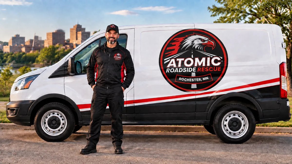 LlcAtomic's tweet photo. Stranded? Trust Atomic Roadside Rescue in Rochester, MN. Certified techs, clear communication &amp; help with lockouts, jumps, tires Changes, fuel and batteries. 507-222-3451 https://t.co/urjoGz717A https://t.co/wLmF3h5EKU