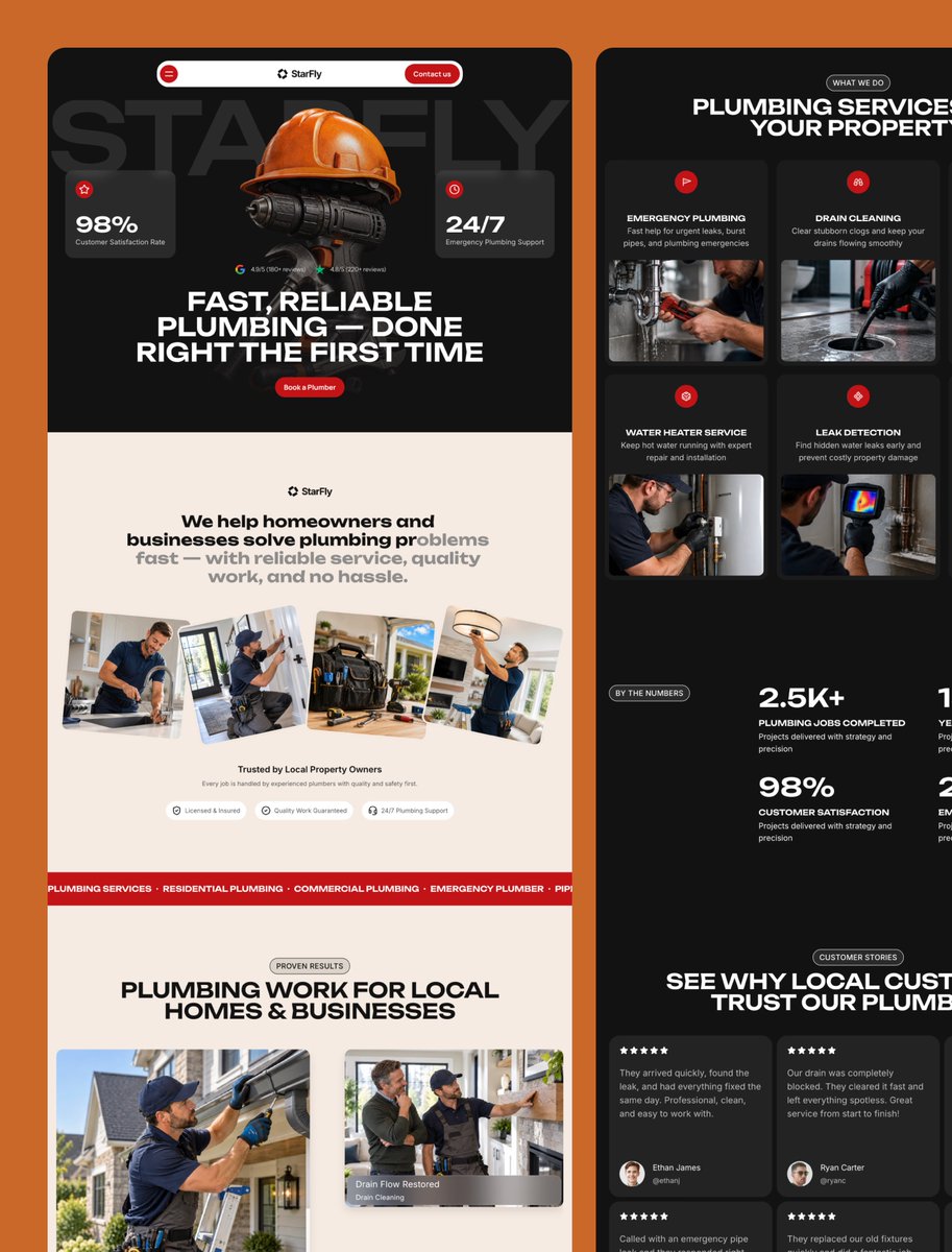 TanberHossenj's tweet photo. Just launched StarFly — a modern Framer template for plumbers &amp; plumbing businesses. 🔧

Perfect for plumbers, drain cleaning services, pipe repair, water heater services, and local home service companies.

https://t.co/EHvKI1GhUu https://t.co/NosDKml11F