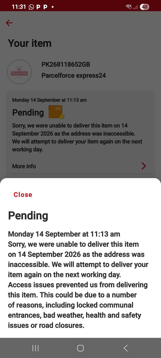 jamesglory212's tweet photo. @RoyalMail your parcel force office were supposed to deliver a package today. https://t.co/UJNU2x8POb