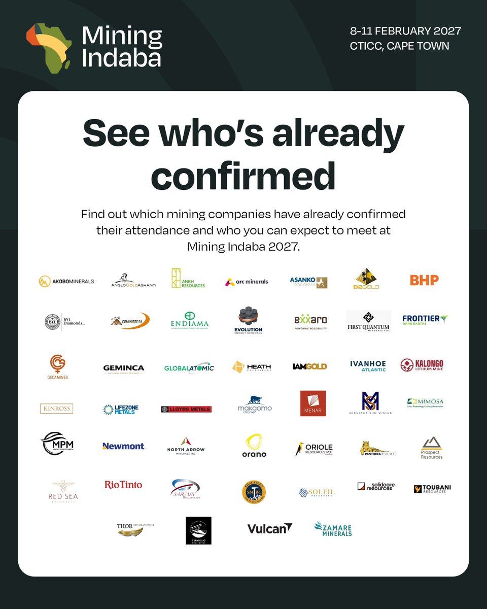MiningIndaba's tweet photo. The companies shaping African mining are confirming their place at Mining Indaba ⛏️

Global leaders and emerging explorers will meet in Cape Town to build connections, unlock opportunities and turn partnerships into action.

Who will you meet? https://t.co/jngEYItGk9 https://t.co/Be0umZRpT5