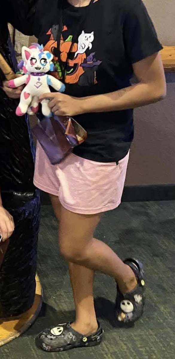 rocktheBass_'s tweet photo. Me at 13 wearing the most atrocious fit consisting of a 100% polyester shirt from amazon and jack skellington crocs while holding my kittydog crystal plushie at great wolf lodge #dhmu https://t.co/uHRzDgxlQU