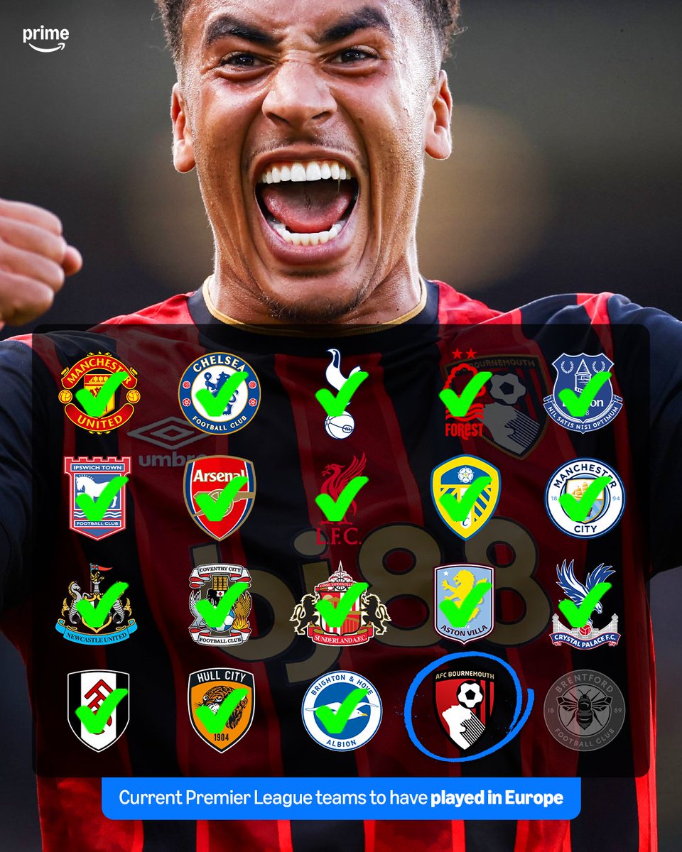 primevideosport's tweet photo. Bournemouth's UEL debut tonight will mean that 19 of the 20 current Premier League clubs have played in European competition in their history 🍒✅🇪🇺 https://t.co/nMFfVpbOoY
