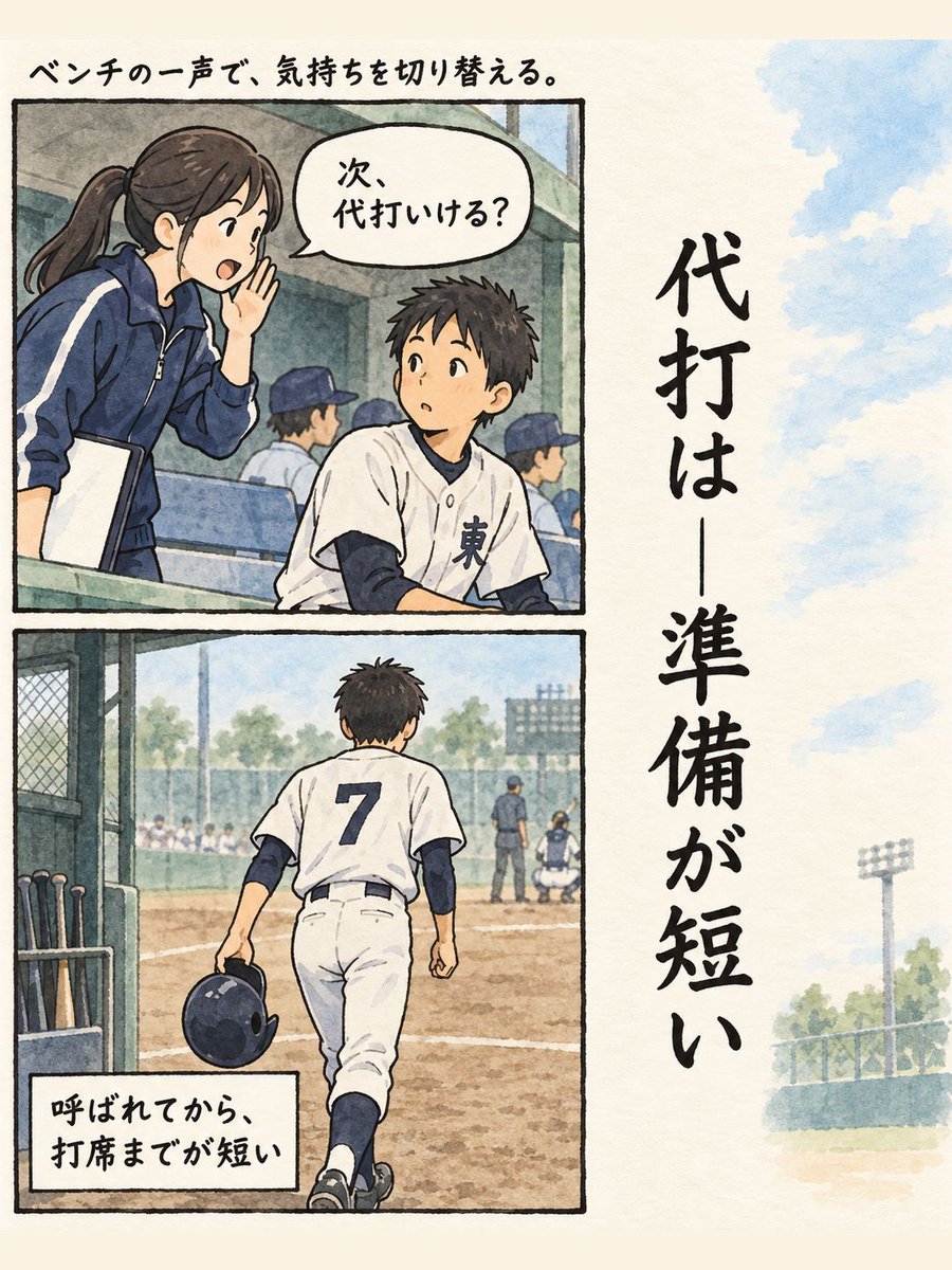 yakyulog_ja's tweet photo. 代打で出た最初の一打席は、ヒットか凡退かの印だけで終わりやすい。何を見ていたかを一つ残すと、次の打席で見る場所が決まる。短い出番も次の準備へつなげたい。

#少年野球 #代打 #試合記録 https://t.co/Bco6EpTJHs