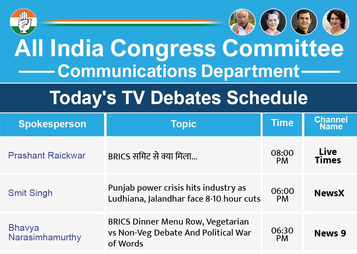 AICCMedia's tweet photo. भारतीय राष्ट्रीय कांग्रेस की ओर से आज टेलीविज़न बहसों में निम्नलिखित प्रवक्ता पार्टी का प्रतिनिधित्व करेंगे।

@drajayupadhyay on @ABPNews 

@Teenakaramveer on @NewsNationTV 

@IshanRTyagi on @ZeeNews 

@YashRRJ on @ndtvindia 

@BBSharmaJi on @News18India 

@ChitraBathamINC on @news24tvchannel

@SupriyaShrinate on @ABPNews 

@PrashantINCNS on @livetimes_news 

@smitsinghindia on @NewsX 

@Bhavyanmurthy on @News9Tweets