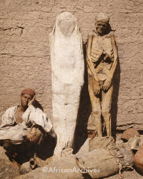 AfricanArchives's tweet photo. Man selling mummies in Egypt, 1875. Many mummies were sold as curiosities or for use in novelties such as mummia.

During the Victorian era of the 1800s, Napoleon’s conquest of Egypt threw open the Gates of Egypt’s history for the Europeans. At that time, mummies were not accorded the respect that they deserved from the European elites and in fact, mummies could be purchased from street vendors (as shown in the picture) to be used as the main event for parties and social gatherings that took place in the 18th century.
The elites of the era would often hold “Mummy Unwrapping Parties”, which, as the name suggests, had the main theme in which a Mummy would be unwrapped in front of a boisterous audience, cheering and applauding at the same time.
During that period of time, the well-preserved remains of ancient Egyptians were routinely ground into a powder and consumed as a medicinal remedy. Indeed, so popular was pulverized mummy that it even instigated a counterfeit trade to meet demand, in which the flesh of beggars was passed off as that of ancient mummified Egyptians.
As the Industrial Revolution progressed, so Egyptian mummies were exploited for more utilitarian purposes: huge numbers of human and animal mummies were ground up and shipped to Britain and Germany for use as fertilizer.
Others were used to create mummy brown pigment or were stripped of their wrappings, which were subsequently exported to the US for use in the paper-making industry. The author Mark Twain even reported that mummies were burnt in Egypt as locomotive fuel.
As the nineteenth century advanced, mummies became prized objects of display, and scores of them were purchased by wealthy European and American private collectors as tourist souvenirs. For those who could not afford a whole mummy, disarticulated remains – such as a head, hand, or foot – could be purchased on the black market and smuggled back home. 

Thank you for reading, sharing and helping these stories reach more people. If you'd like to support the work behind this page, you can buy us a coffee here: https://t.co/K1AhtZuOFs or tap the link in our bio. 🙏🏿