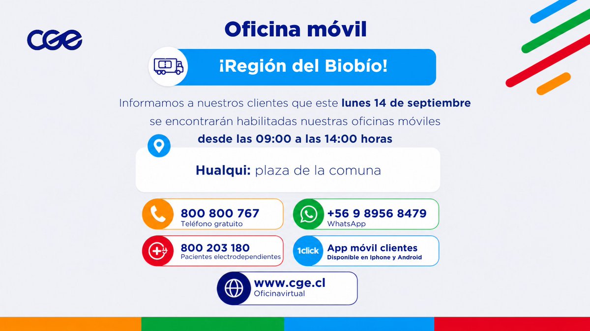 CGE_Clientes's tweet photo. ¡Atención! Recuerda que hoy, desde las 09:00 hasta las 14:00 horas, nuestra #OficinaMóvilCGE 🚐 atenderá tus consultas y solicitudes en plaza de la comuna de #Hualqui. No olvides tener siempre a mano tu número de cliente. #EntregamosEnergía ⚡ https://t.co/zI9BJYabwB