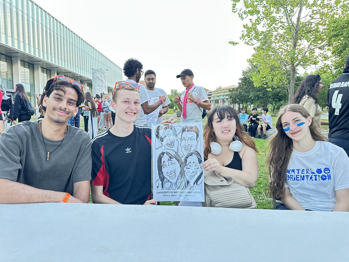 BruceAOutridge's tweet photo. Had fun drawing for the students at Waterloo University last week. Big shout out to AJ, Doulton, and Hector the other artists that worked the event. Thanks Waterloo U. #livecaricatureentertainment #orientationevent #bruceoutridgeproductions https://t.co/xjKFG1Mgru