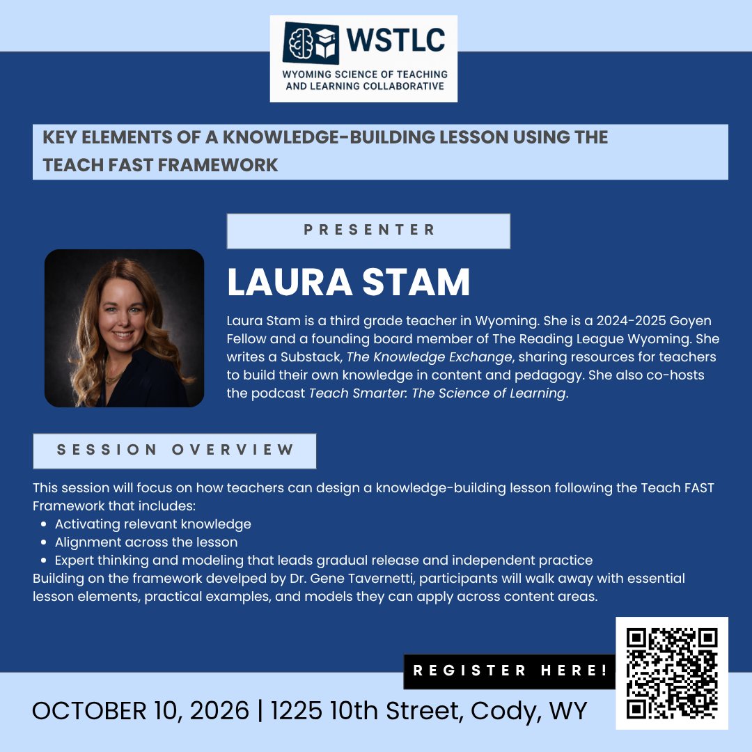 WSTLC2026's tweet photo. Presenter Highlight: Laura Stam @StamStam193!

Join us October 10 in Cody, WY! Register ⬇️

Come see @GTavernetti's FAST Framework put into action. Laura will share the key elements of designing a knowledge lesson using the FAST framework. https://t.co/YzMc4Y10ij