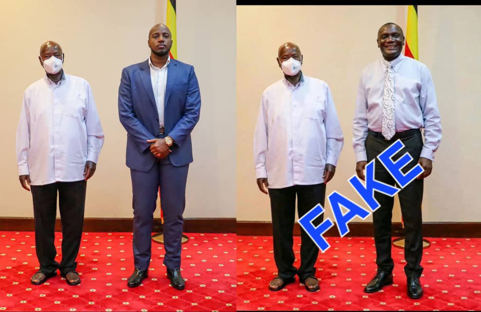 NUP_Ug's tweet photo. Please be advised that the picture making rounds purporting to show Makindye East MP Hon. Ali Nganda Mulyanyama in a picture with Gen. Museveni is fake. Disregard it and treat with contempt. https://t.co/TC3R0zecyp