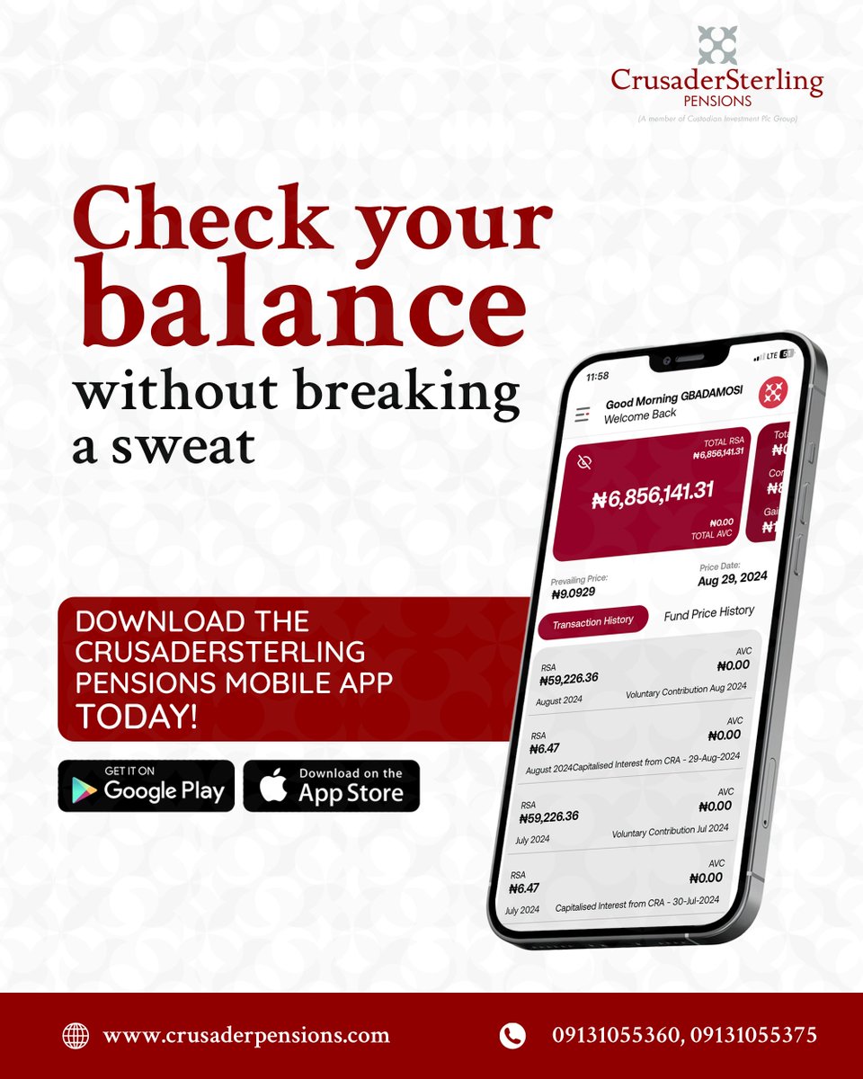 CSPensions's tweet photo. Know your pension balance without breaking a sweat.

Your pension is yours, so why not stay up to date with it?

With the CrusaderSterling Pensions Mobile App, you can conveniently check your RSA balance, view your transaction history and stay connected to your pension anytime, anywhere.

Your pension. Your phone. Your convenience.

Download the CrusaderSterling Pensions Mobile App today.

#CrusaderSterlingPensions