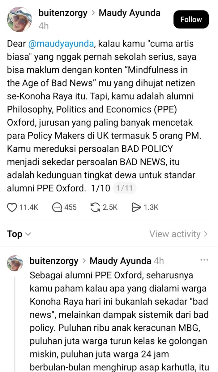 dosenkesmas's tweet photo. Puas banget bacanya.

Makasih Kak sudah mewakili.

Penutupnya GONG Banget!

"Jujurly Maudy Ayunda, yang kamu lakukan itu, jahat.

Minimal, stupid. 

Warga gak ngarep kamu berjibaku ngadepin karhutla di lapangan kayak Andrew Kawaleit. Warga juga gak ngarep kamu bisa nulis kolom kritis di Kompas kayak Reza Rahadian. Warga cuma ngarep kamu balas hutang budi kamu ke para pembayar pajak. Dengan mengamplifikasi jeritan mereka di platform kamu. 

Dan itulah serendah-rendahnya iman seorang influencer."