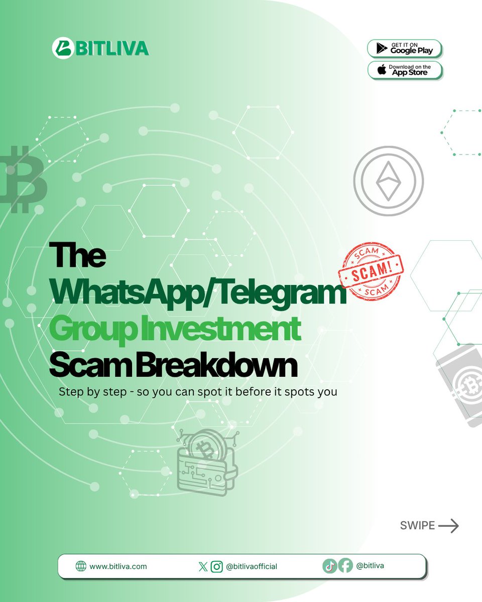 usebitliva's tweet photo. Everyone's seen a 'crypto investment' WhatsApp group before. 👀

Swipe to see exactly how the scam runs, step by step — including the part most people don't expect (hint: it's not the disappearing act at the end).

#P2PScam #Bitliva #CryptoSafety #StaySafeOnline #WhatsAppScam https://t.co/clXJu1JD5W