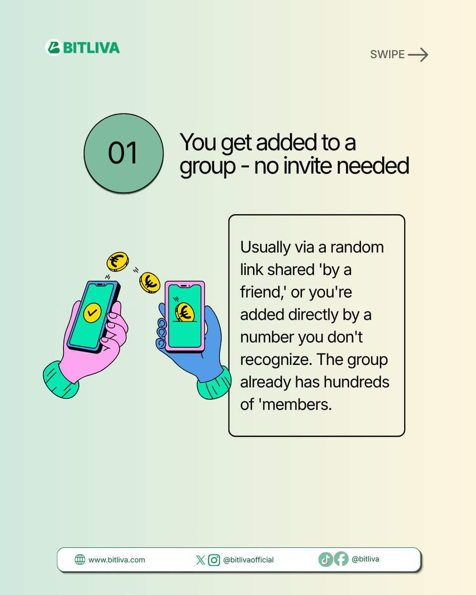 usebitliva's tweet photo. Everyone's seen a 'crypto investment' WhatsApp group before. 👀

Swipe to see exactly how the scam runs, step by step — including the part most people don't expect (hint: it's not the disappearing act at the end).

#P2PScam #Bitliva #CryptoSafety #StaySafeOnline #WhatsAppScam https://t.co/clXJu1JD5W