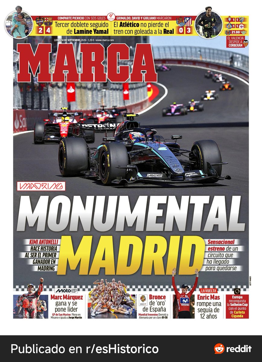 fsiolomba's tweet photo. 12 años hacia que un ciclista español no ganaba la vuelta a España. La selección femenina de baloncesto, bronce mundial. La portada de @marca https://t.co/fHyUjfFUS6