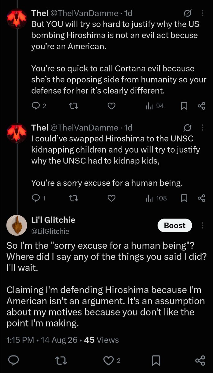 LilGlitchie's tweet photo. @Deep_Blue64 @HaloNoSprint Dude straight up made up a bunch of stuff that I never said, called me a sorry excuse for a human being for saying what I never said, and then just left the conversation. Dude is trash https://t.co/6epa709vVt