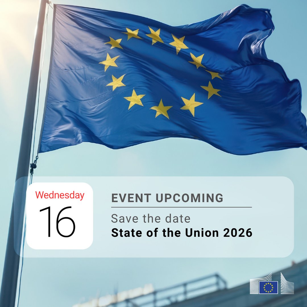 EC_HERA's tweet photo. 🇪🇺 The State of the European Union 2026 is coming up.

Join us on 16 September, as we look at where Europe stands today, and where we are heading next.

📺 Follow it live and hear what’s ahead for Europe.

👉 https://t.co/HSwvZUJXIv
#SOTEU2026 https://t.co/yJJ4JNBNLV