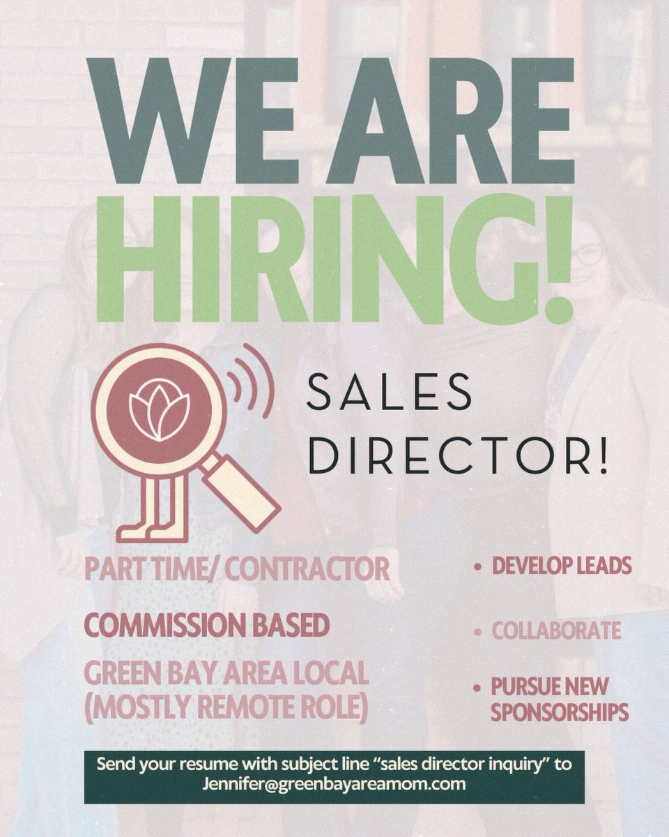 FCSuperAmor8's tweet photo. We're hiring a relationship-focused Sales Director to connect local families with businesses that serve them. If you love networking and building partnerships, this flexible role could be a great fit. Apply by email: Jennifer@greenbayareamom. com https://t.co/xs1HAnnhU3