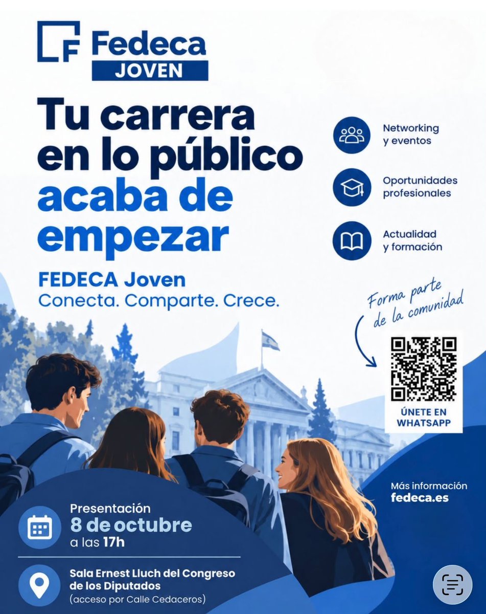 _ASTIC's tweet photo. Inauguración del programa FEDECA Joven, una iniciativa concebida para acercar la Administración Pública a quienes han comenzado recientemente su carrera como empleados públicos, así como a los opositores que aspiran a formar parte de ella.

FEDECA Joven nace con la voluntad de crear un espacio de encuentro entre generaciones, en el que compartir experiencias, inquietudes e ilusiones en torno al servicio público. Queremos que quienes hoy dan sus primeros pasos en la función pública puedan conocer de primera mano los valores de compromiso, responsabilidad y vocación de servicio que inspiran el trabajo de los empleados públicos y contribuyen al fortalecimiento de nuestras instituciones.

La jornada tendrá lugar el próximo 8 de octubre, de 17.00h. a 19.30h. en la sala Ernest Lluch del Congreso de los Diputados, y a continuación, tendremos un encuentro social entre los asistentes. @FedecaCentral 
Inscripciones:
https://t.co/jHYRjD24qO