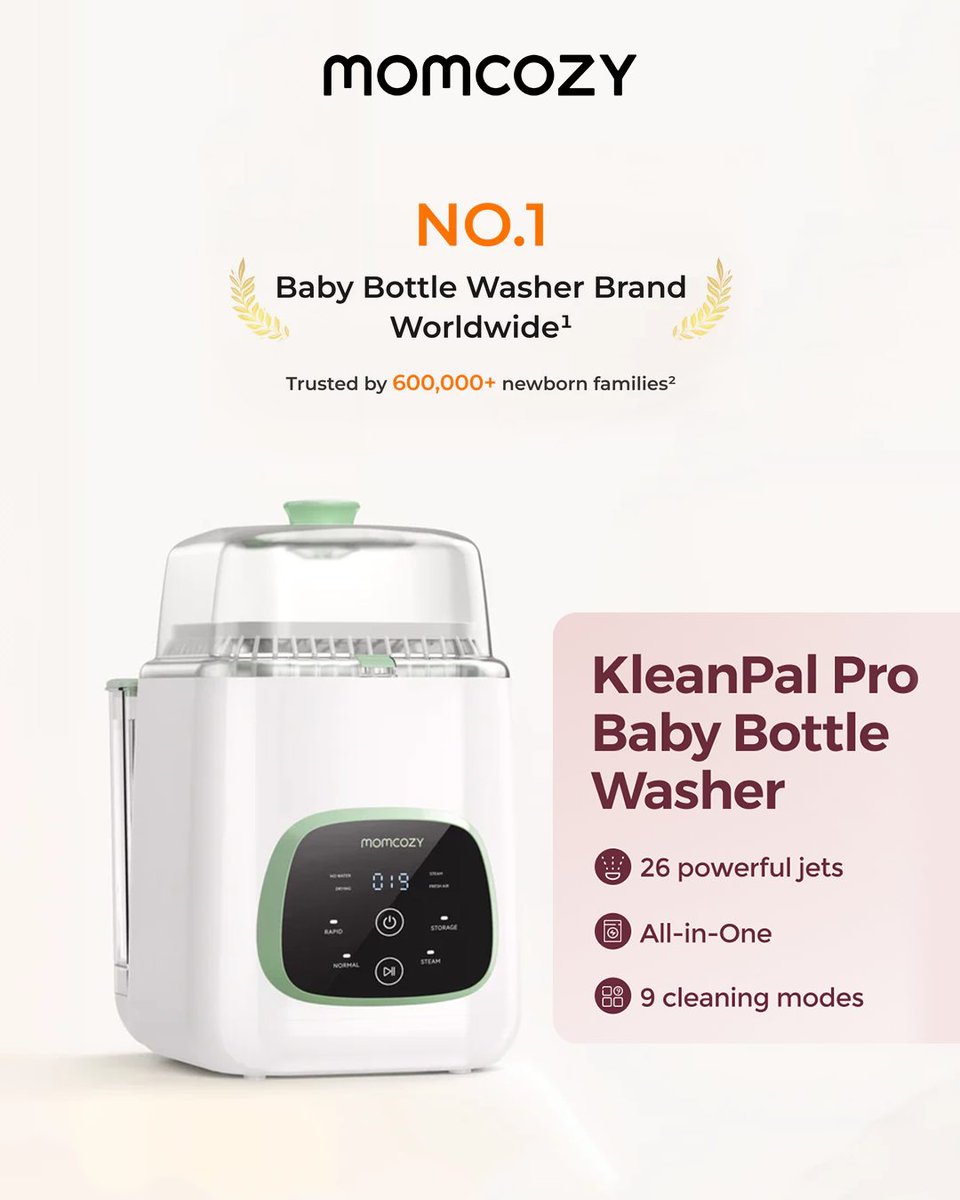 DaiaBss's tweet photo. Say goodbye to endless bottle-washing. Meet the KleanPal Pro Baby Bottle Washer: washes, sterilizes, dries and stores in one. With 26 jets and 9 modes, get spotless bottles and your evenings back. Trusted by 600, 000+ families. https://t.co/EpEoPfjht3