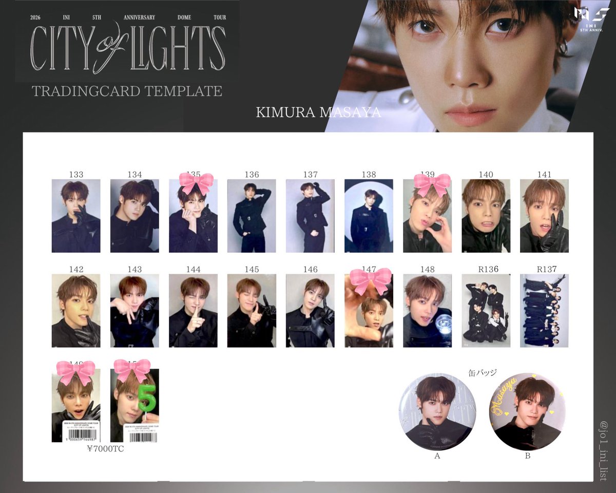 pyon___1010's tweet photo. 2026 INI 5TH ANNIVERSARY DOME TOUR CITY OF LIGHTS 7000円 トレカ 交換

譲 画像1.2

求 木村 画像3 (🎀>無印)

16日東京ドーム手渡し

ご連絡お待ちしてます🌟 https://t.co/N7uLLfBmbL