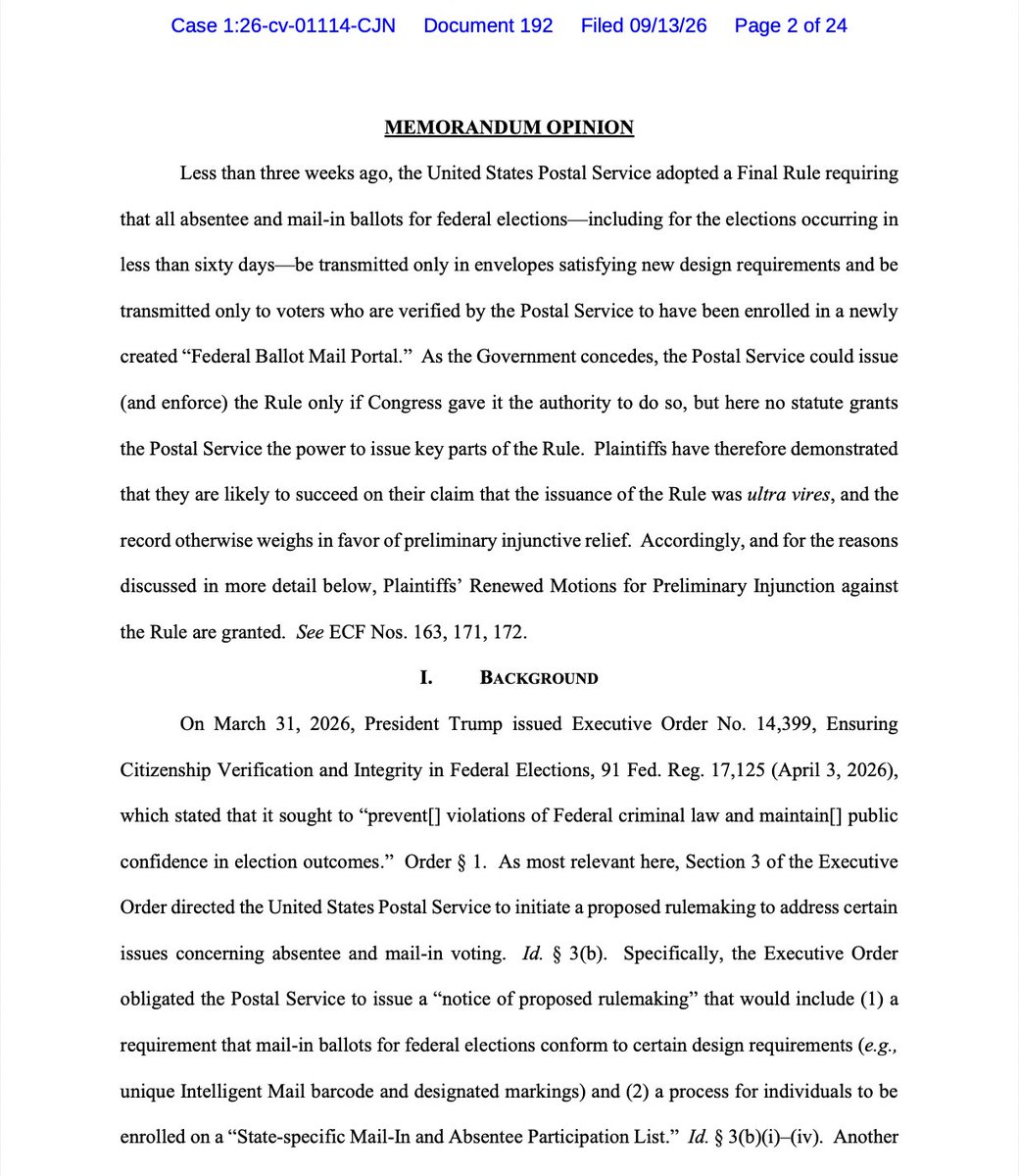 marceelias's tweet photo. 🚨BREAKING: Washington DC federal court BLOCKS Postal Service mail-in ballot rule. First court to prohibit USPS from taking steps to allow voluntary compliance with anti-voting rule.

A victory for ELG and our clients DSCC, DCCC, DNC, DGA and Leaders Schumer and Jeffries! https://t.co/a4Deqe58Jw
