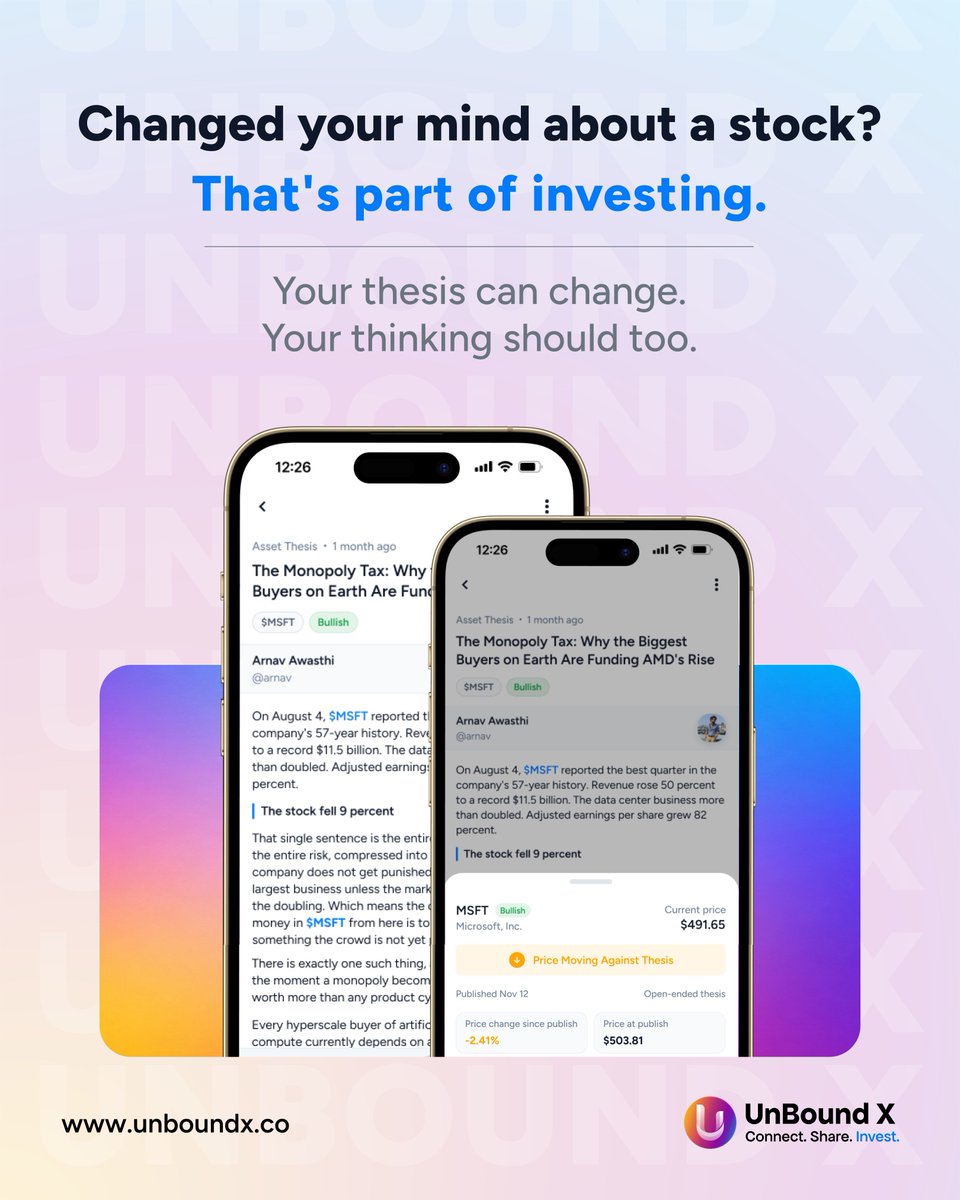UnBoundXapp's tweet photo. Changed your mind about a stock?That's part of investing.

New information can change how you see an investment. That's not a bad thing.

What matters is seeing how your thinking evolved.
https://t.co/iIOoaDkvN9
#ProofOverHype #TrackRecord #CollegeInvesting #FinanceClub #Fintech https://t.co/zdGx2p7Wus