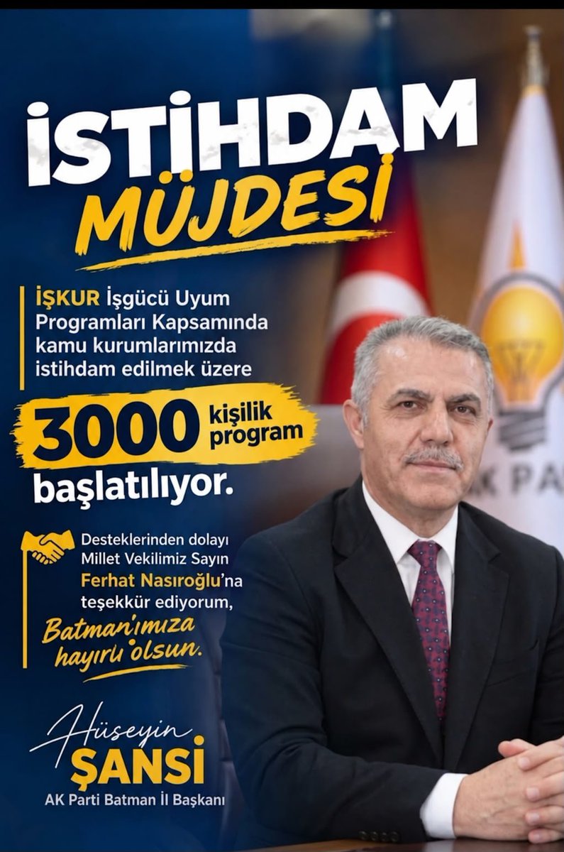 SansiHuseyin's tweet photo. 📢 Batmanımıza Hayırlı Olsun.

İŞKUR İşgücü Uyum Programları kapsamında kamu kurumlarımızda 3.000 kişilik istihdam programı başlatılıyor.

Bu önemli katkı ve destekleri için Milletvekilimiz Sayın Ferhat Nasıroğlu’na ve emeği geçenlere teşekkür ediyorum.

▶️Batman için çalışıyor, istihdamı büyütüyoruz.

#Batman #İstihdam #İŞKUR