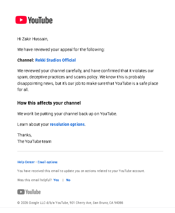rekki_studios's tweet photo. @TeamYouTube My channel “Rekki Studios Official” was terminated 4 days ago for Spam, Deceptive Practices and Scams. I submitted an appeal, but it was rejected.

The channel was a filmmaking channel containing original short films, teasers, trailers and BTS content. https://t.co/yig4TKWJOy