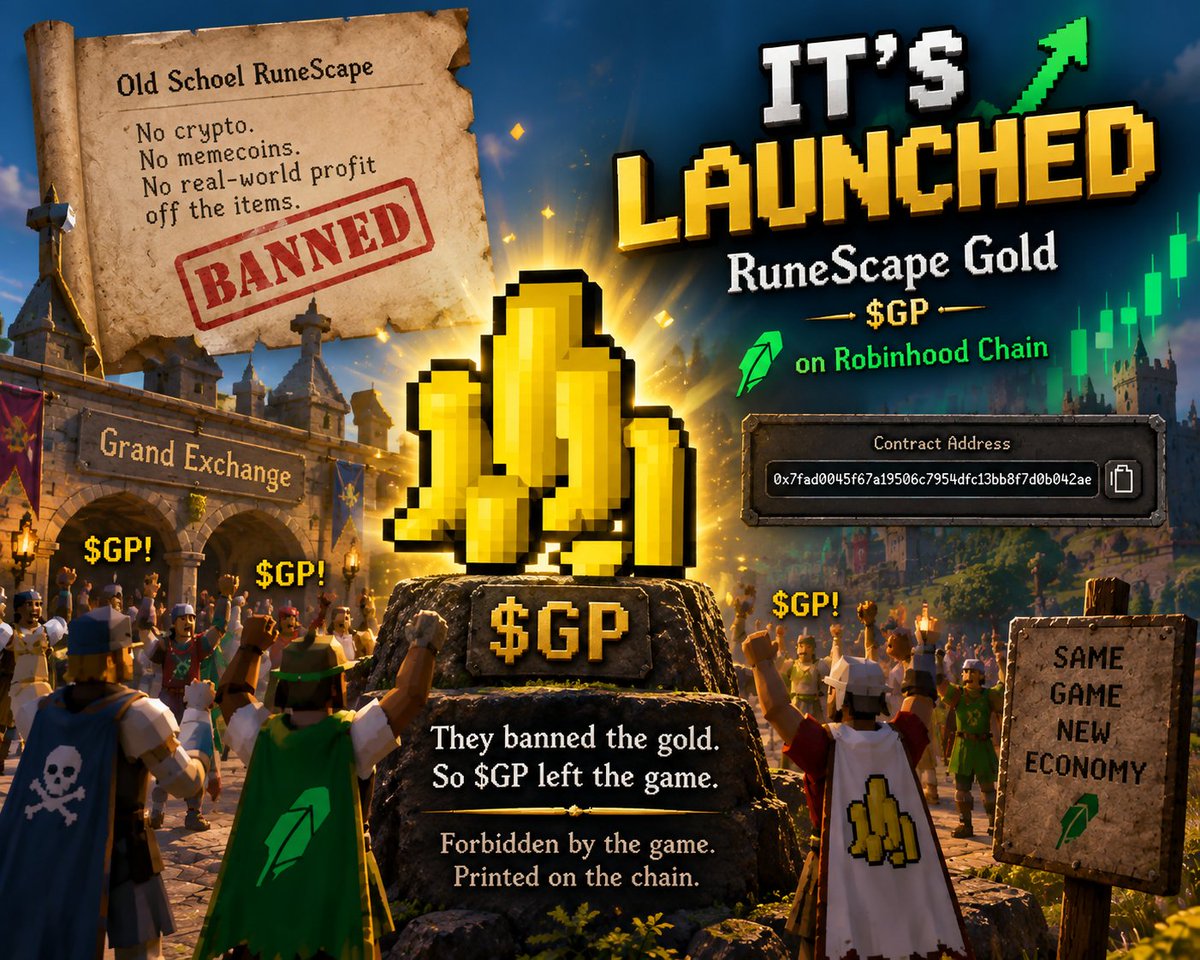Rune_Scape_Gold's tweet photo. They banned the gold.

So $GP left the game. 🪙

RuneScape Gold is officially LIVE on Robinhood Chain.

Forbidden by the game.
Printed on the chain.

CA: 0x7fad0045f67a19506c7954dfc13bb8f7d0b042ae https://t.co/RjKfoM1BI8