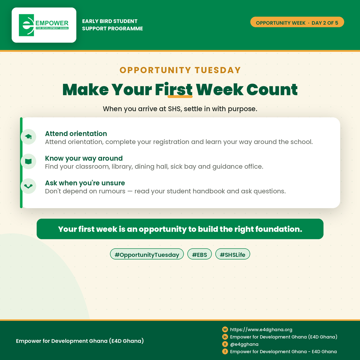 e4dghana's tweet photo. 🎓 Your first week sets the tone!

As you arrive at SHS, settle in with purpose. Attend orientation, know your way around, and don’t be afraid to ask questions. Make your first week count!

#OpportunityTuesday #EBS #SHSLife https://t.co/w4WBfcYlpg