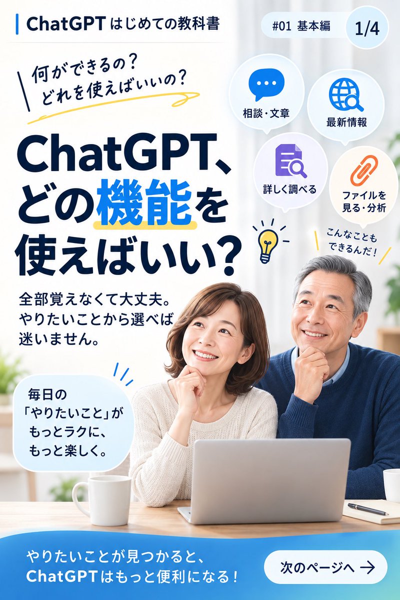 GPT_JAPAN_lab's tweet photo. ChatGPT、機能が多くて迷いませんか？

全部覚えなくてOK。
「何をしたいか」から選べば大丈夫です。

まず覚えたい4つの入口をまとめました👇
#ChatGPT #ChatGPT初心者 #AI活用 https://t.co/5R5AFULVeV