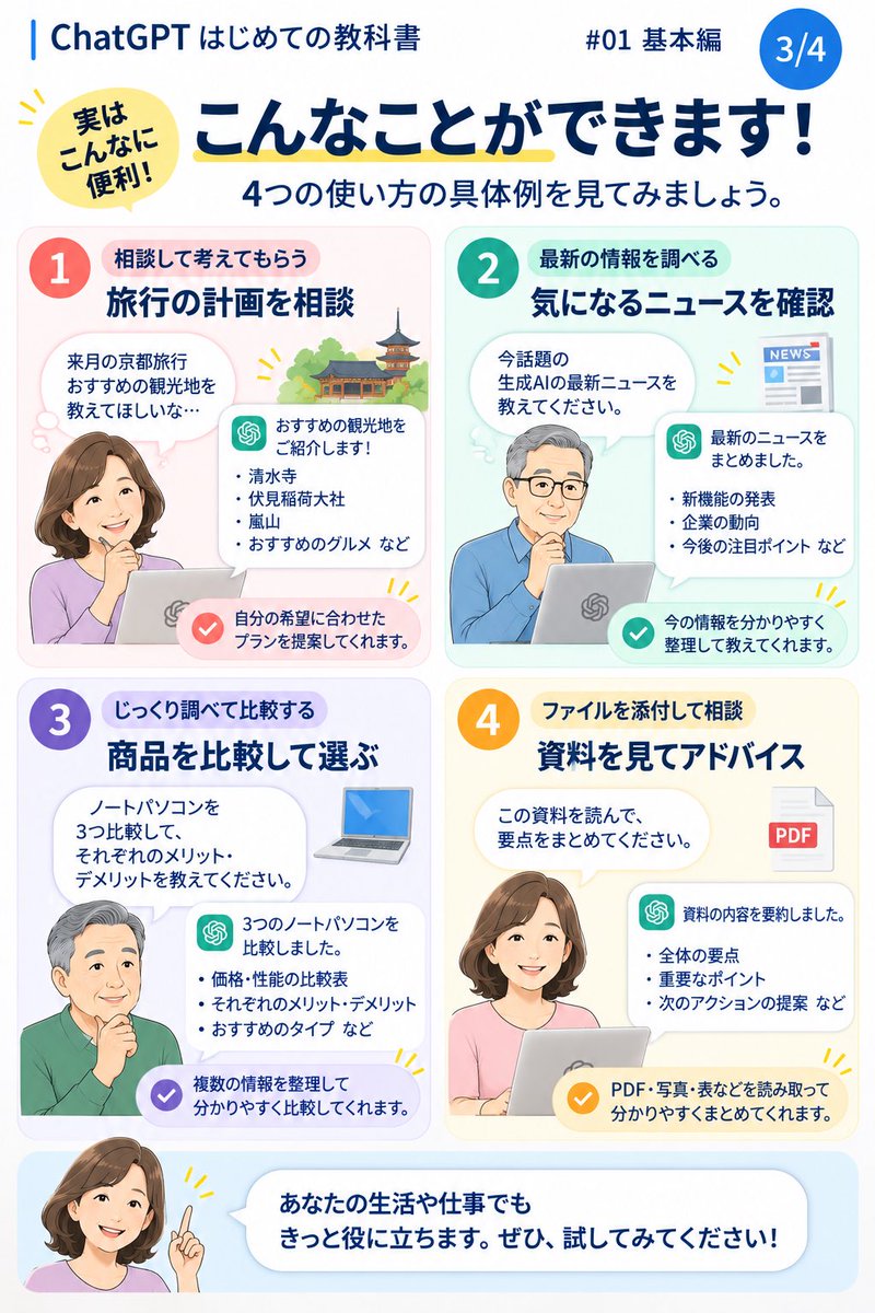 GPT_JAPAN_lab's tweet photo. ChatGPT、機能が多くて迷いませんか？

全部覚えなくてOK。
「何をしたいか」から選べば大丈夫です。

まず覚えたい4つの入口をまとめました👇
#ChatGPT #ChatGPT初心者 #AI活用 https://t.co/5R5AFULVeV