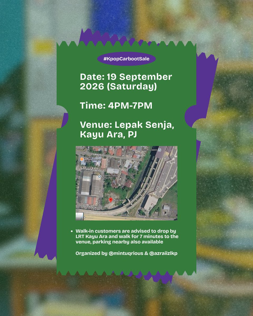 simpjaeyuns's tweet photo. Our Kpop Carboot Sale happening this Saturday will feature 60+ Kpop groups and some K-Drama merch to let go with official autograph 👀

📆 19 Sep (Sat)
🕒 4PM-7PM
📍 Lepak Senja, Kayu Ara
🚊 5-6 mins walk, LRT Kayu Ara
🏟️ https://t.co/AAJueRM7Fo

Spot your favs?

#kpopcarbootsale https://t.co/N8nb4ytBcu