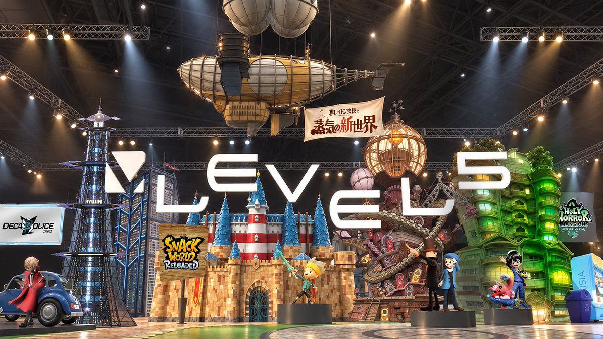 LEVEL5_times's tweet photo. ＃東京ゲームショウ2026 まであと2日！
レベルファイブブースのブースイメージを公開します！
試遊タイトルである『レイトン教授と蒸気の新世界』
『ホーリーホラーマンション』『スナックワールド RELOADED』『デカポリス』の世界観を感じながら
テーマパークのような雰囲気を味わえるブースになっています！
会場にお越しの方は、ぜひお楽しみに！
#TGS2026