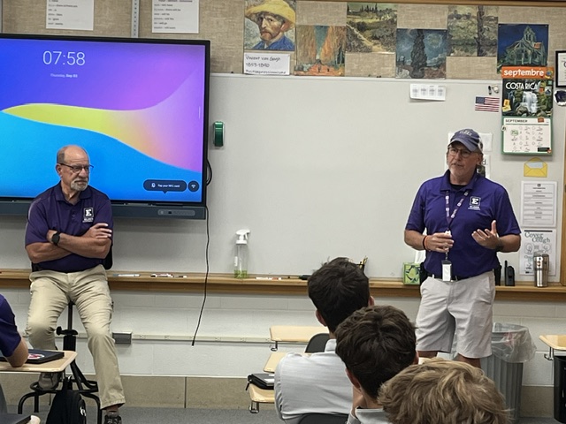ElderHighSchool's tweet photo. Mr. Joe Priestle ‘74 and Mr. Tim Bley ‘86, members of the Elder Security Team, spoke to the Mr. Jansing’s Business Law Class last week.  

Both being long tenured Cincinnati Police Officers, they discussed with the class their experiences while on patrol, accident investigations, under cover work, homicide investigations, K-9 patrols and other experiences.  

The topics helped to expand the class coverage to other areas of law.