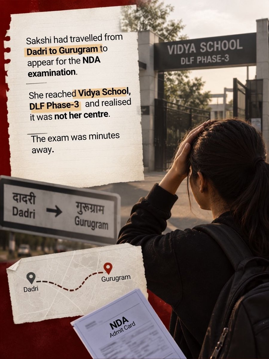 TrafficGGM's tweet photo. Right admit card. Wrong gate.
Sakshi reached Vidya School, DLF Phase-3 for her NDA exam. It was not her centre.
· TI Jagbir and team stepped in
· Drove her to Govt School, Nathupur
· She sat the paper on time
#GurugramTrafficPolice #NDAExam #Gurugram https://t.co/hpf7kU87v0