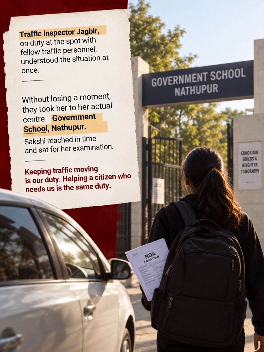 TrafficGGM's tweet photo. Right admit card. Wrong gate.
Sakshi reached Vidya School, DLF Phase-3 for her NDA exam. It was not her centre.
· TI Jagbir and team stepped in
· Drove her to Govt School, Nathupur
· She sat the paper on time
#GurugramTrafficPolice #NDAExam #Gurugram https://t.co/hpf7kU87v0