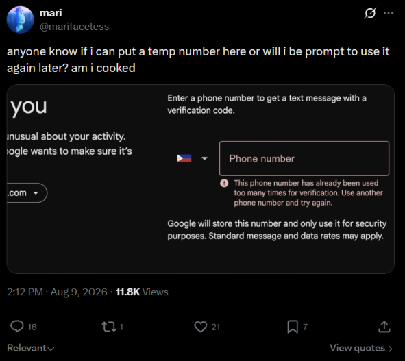 julianfaceless's tweet photo. If you use temp numbers here you'll lose your accounts. 

I can't even count the amount of times people have lost good accounts from this.

After, you'll no longer have access to the phone number and in many cases account retrieval becomes very difficult, if not nearly impossible.

Quick fix:

Buy burner phones, sim cards, the cheapest subscription plan for each you plan to use long term.

Best thing is to have a different long term phone number for each account you're using (e.g. each monetized channel).

It's just also so annoying to have to buy multiple phones, sim cards, phone subs let alone having to handle and manage all of it.

This is also why @tubeproxiess offers dedicated US phone numbers for those who just can't be bothered with all the operational bs