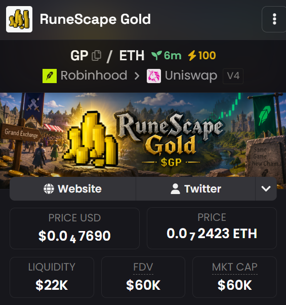 Rune_Scape_Gold's tweet photo. The Grand Exchange just got an onchain terminal. 🪙📈

RuneScape Gold $GP is now updated on Dexscreener.

Forbidden by the game. Visible on the chart.

https://t.co/oZs8AMTOJz https://t.co/H4gqSOQVQt