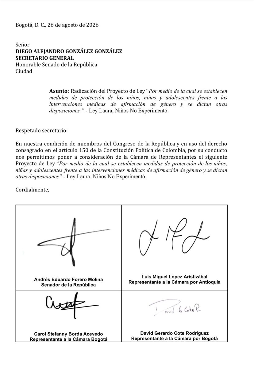 LuismLopezA's tweet photo. Presidente @ABDELAESPRIELLA una ideología nunca puede justificar que sometamos a un niño a procedimientos con consecuencias irreversibles.
Por eso radicamos la Ley Laura, (PL 211/2026) para poner límites claros a estas intervenciones en menores.

Usted abrió una discusión necesaria y en el Congreso ya tenemos cómo convertirla en una decisión concreta.

¡Viva Cristo rey!