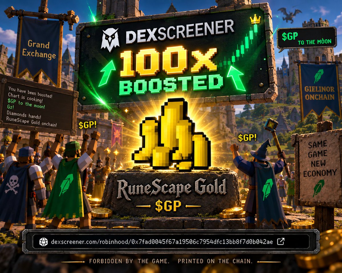 Rune_Scape_Gold's tweet photo. 100x BOOSTED on Dexscreener. ⚡🪙⚡

They tried to keep the gold inside the game.

$GP found the multiplier outside it.

RuneScape Gold × Robinhood Chain.

https://t.co/oZs8AMTOJz https://t.co/C8YMec96BT